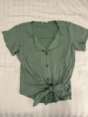 Weatherproof Sage Green Button-Front Tie Hem Top